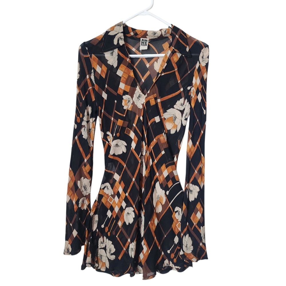 AMNESIA PARIS Semi sheer mini dress long sleeve retro collared dress